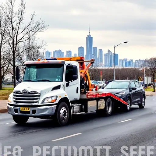 эвакуатор новосибирск цена A tow truck pulling a car on a street in Novosibirsk, with the city skyline in the background, no text or numbers visible