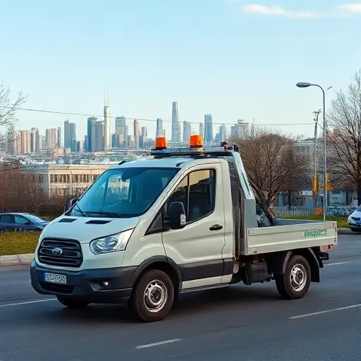 A compact tow truck parked on a street in Rostokino, Moscow, with a clear view of the city skyline in the background, the vehicle in a neutral color, no text or signage on the truck, no people, no other vehicles
