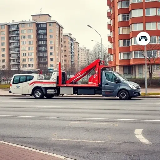 A realistic scene of a tow truck (evakuator) operating in a Moscow suburban area, with city buildings and a hint of emergency service presence, without any visible text, numbers or signage. The tow truck is pulling a small car onto the road, with a backdrop of typical Moscow architecture and a subtle phone icon indicating emergency services, all rendered in the smallHQ style.