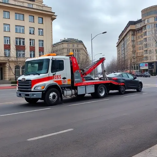 Эвакуатор на Большой Бутовской улице: Полное руководство A tow truck parked on Bolshaya Butovskaya Street, towing a car, with a city street background, realistic style