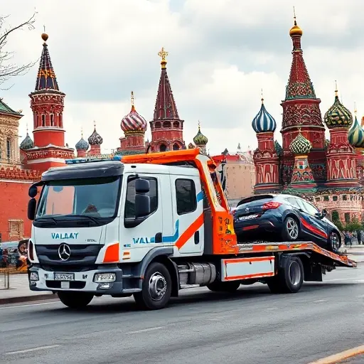 Эвакуатор Валдай в Москве: Полное руководство A realistic depiction of a Valday tow truck operating in Moscow, with recognizable Moscow landmarks such as the Kremlin or St. Basil's Cathedral in the background, the tow truck is pulling a disabled car in an urban setting, dynamic composition, no text or logos visible