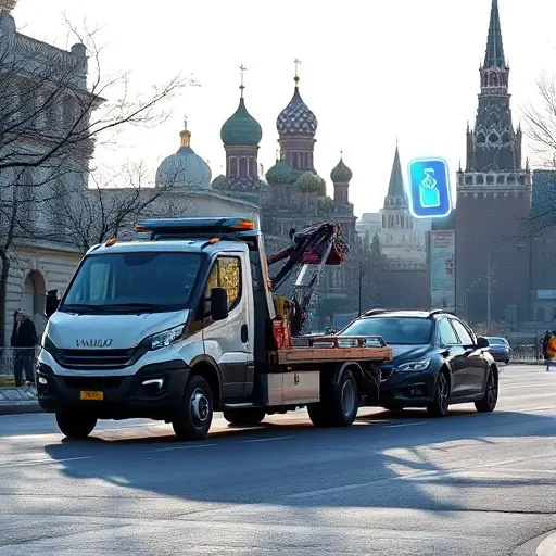 Эвакуатор по безналу в Москве: Полное руководство A modern tow truck pulling a car on a Moscow street, with the silhouette of the Kremlin and typical Moscow architecture in the background, a subtle glowing smartphone icon floating nearby to suggest cashless payment, bright daylight, realistic details, no text or logos