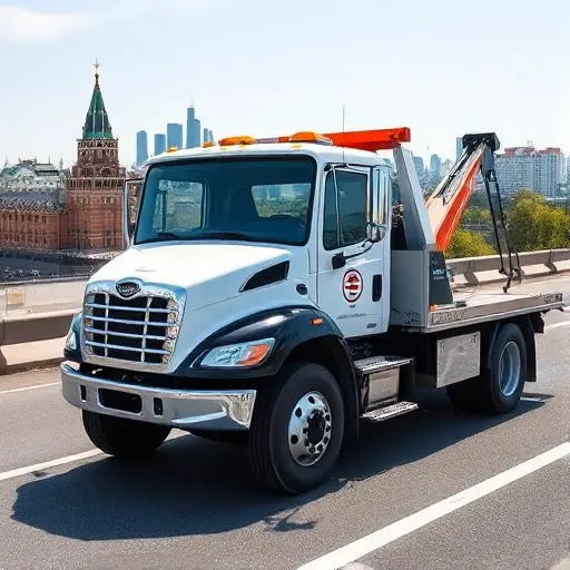 A tow truck parked on a road with a visible Moscow cityscape in the background, the truck has a small badge or emblem indicating a permit for Moscow, no text or letters visible, the scene is daytime, clear sky, realistic style