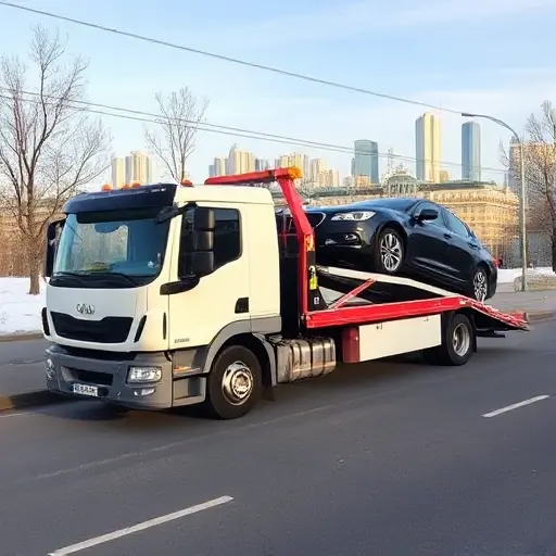 A modern tow truck parked on a street in northern Moscow, with a car being towed, city skyline in the background, clear sky, no text or lettering