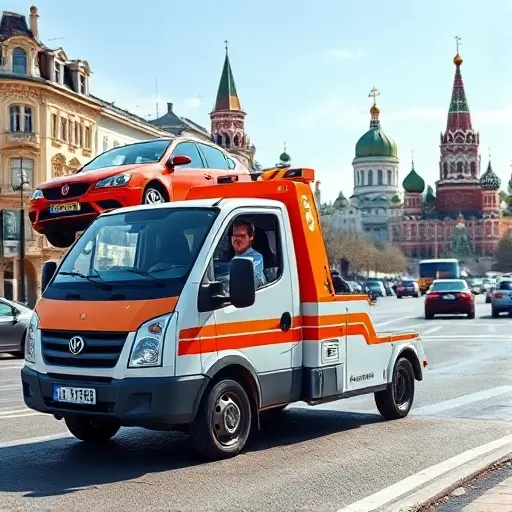 A compact tow truck with a bright orange and white color scheme pulling a small sedan on a busy Moscow street, with recognizable city architecture such as the Kremlin dome silhouettes in the background, under a clear sky. The scene conveys affordability and efficiency, with the tow truck driver smiling and the car being safely lifted onto the truck's platform. No text, signs, or numbers are visible.
