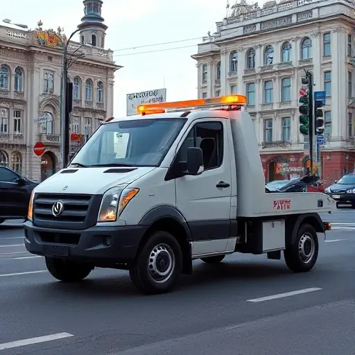 A private tow truck parked on a Moscow street, with recognizable Russian architecture and city signs in the background. The truck is a compact, modern vehicle with a hook and flashing lights, captured in daytime with realistic lighting. No text or logos are visible.