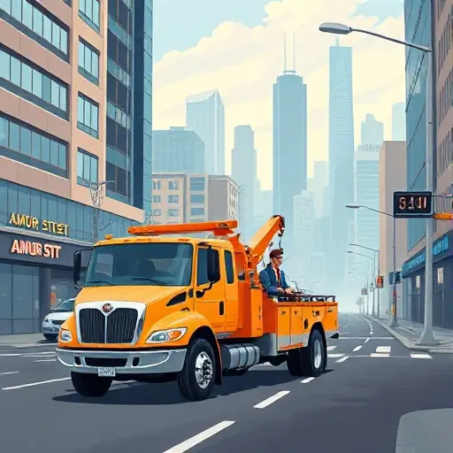 A realistic illustration of a tow truck parked on a bustling city street called Amur Street, with a modern call center dispatcher wearing a headset, surrounded by telephone equipment and a city skyline in the background