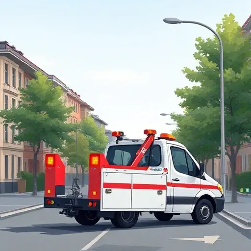 Эвакуатор в 3-м Новоподмосковном переулке: Полное руководство A realistic illustration of a tow truck (evacuator) parked on a quiet urban street with typical Russian residential buildings, trees, and a streetlamp, showing the vehicle's hook and flashing lights under a clear sky, without any text or signage.