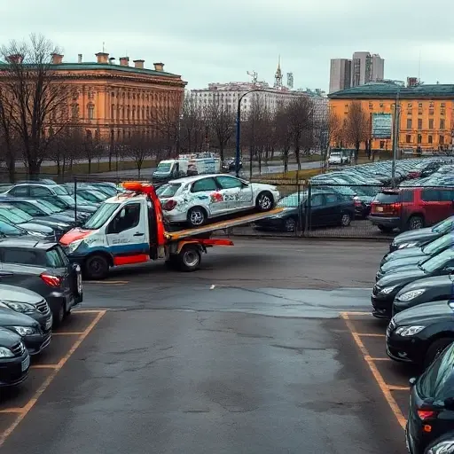 A realistic city scene in Moscow showing a tow truck pulling a car onto a designated impound lot, with rows of parked vehicles, fenced area, and a backdrop of typical Moscow architecture, under overcast sky, no visible text or signage