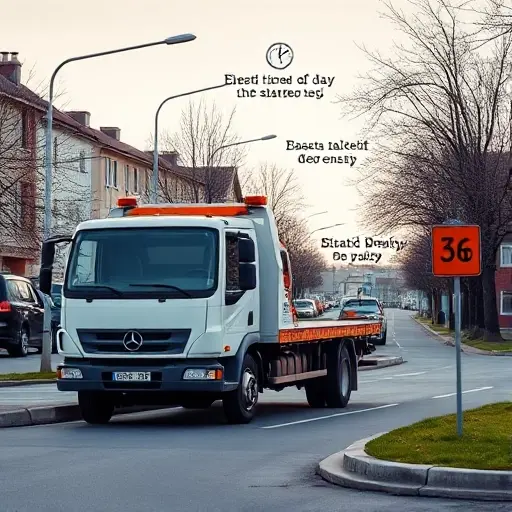 A realistic scene of a tow truck (evacuator) parked on a suburban Moscow street, with subtle visual elements representing factors that affect evacuation price: a clock indicating time of day, a fuel gauge icon, distance markers on the road, and a small sign showing traffic density, all integrated naturally without any text or lettering.