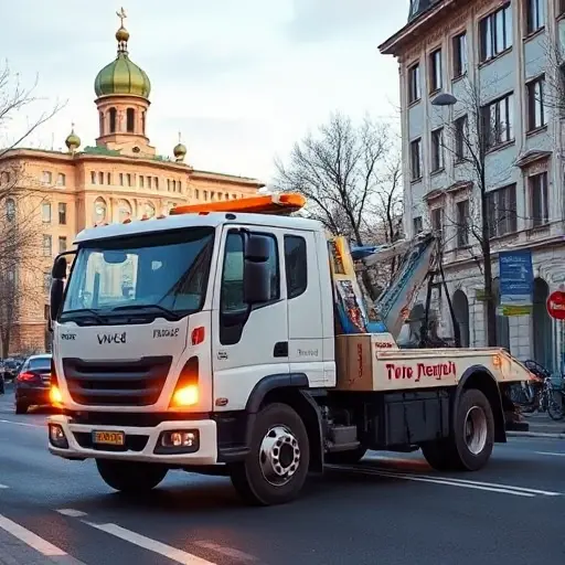 Эвакуатор Москва: Дешево и Надежно в ЮАО A realistic scene of a tow truck operating on a Moscow street in the South-Eastern Administrative Okrug, with recognizable Moscow architecture in the background, a clean and reliable vehicle, subtle warm lighting suggesting affordability and trust, no visible text, logos, or signage