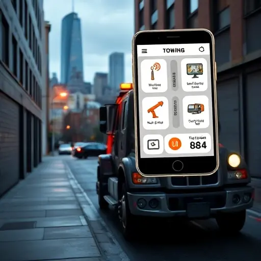 A modern tow truck parked on a narrow urban alley, with a glowing smartphone screen displaying icons of online towing services, city skyline in background, no text or letters, no digits, no explicit content