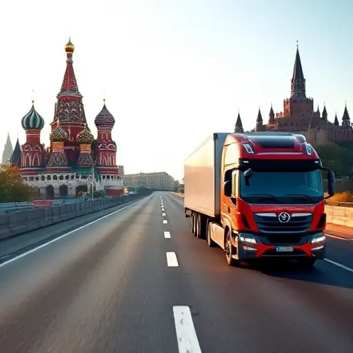 A modern tow truck driving along a long highway connecting two city skylines, with Moscow's iconic St. Basil's Cathedral silhouette on one side and Belgorod's historic fortress silhouette on the other, under a clear sky, emphasizing speed and efficiency, no text or symbols