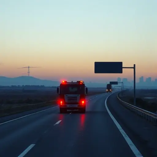 A realistic scene showing a tow truck (evacuator) driving on a long highway that stretches across a landscape, with subtle visual cues indicating a journey from Perm to Moscow, such as distant city skylines fading into the horizon, a road sign silhouette without readable text, and a faint overlay of a map route silhouette in the background, all rendered in a compact high-quality style