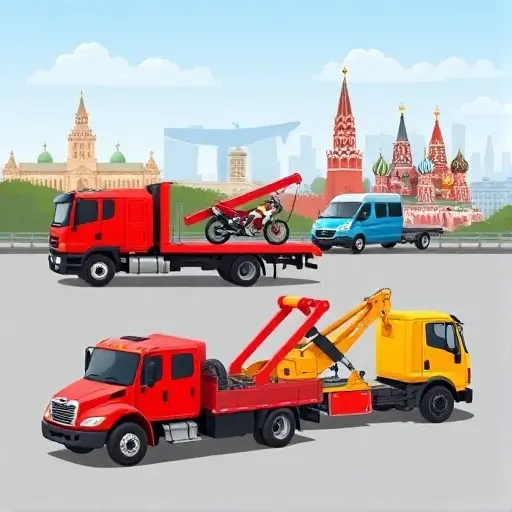 A realistic illustration of various types of tow trucks in Moscow: a flatbed truck, a crane truck, and a winch truck, each towing a different vehicle (a car, a bus, a motorcycle). The scene shows the Moscow skyline with iconic landmarks like the Kremlin and St. Basil's Cathedral in the background. The trucks are in bright colors (red, blue, yellow) and the setting is daytime. No text or lettering in the image.
