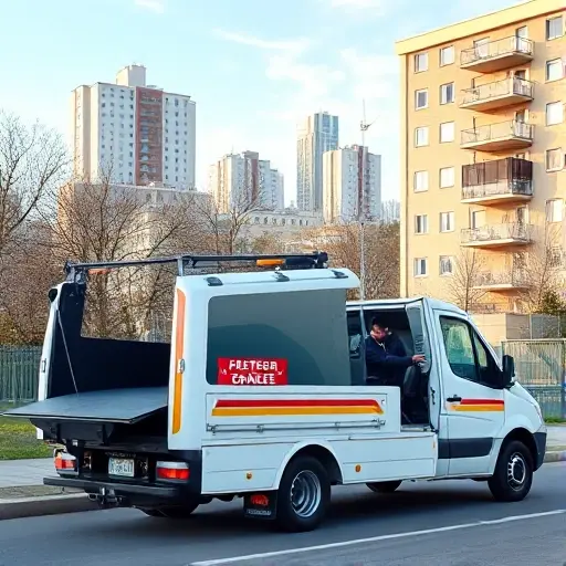 Эвакуатор Москва: Дешево и Надежно в ЮЗАО A reliable tow truck service operating in the South-West district of Moscow, showing a modern, clean tow truck parked near a residential building with a friendly driver opening the truck's rear hatch, a cityscape of Moscow in the background, and subtle hints of affordability such as a simple, modest price tag symbol (without actual numbers) floating nearby; the scene should convey trustworthiness, efficiency, and a calm urban atmosphere, with no other vehicles, pedestrians, or signage