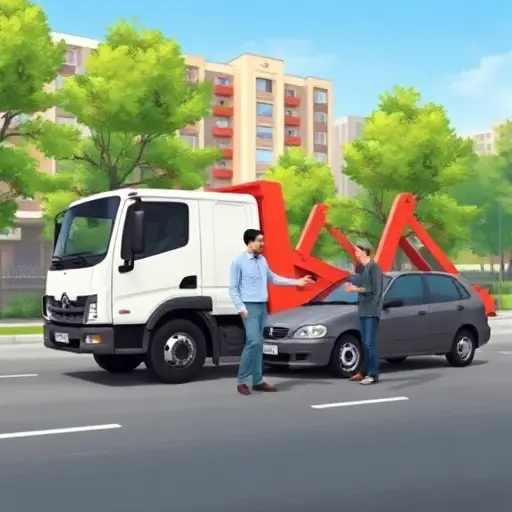 A realistic illustration of a tow truck parked on a street in the Medvedkovo district of Moscow, with recognizable Moscow apartment buildings and trees in the background. The scene shows a driver handing a set of keys to a car owner beside a disabled vehicle, emphasizing the step-by-step process of calling a tow service. The composition is clear and detailed, focusing on the vehicles and urban environment without any text or signage.