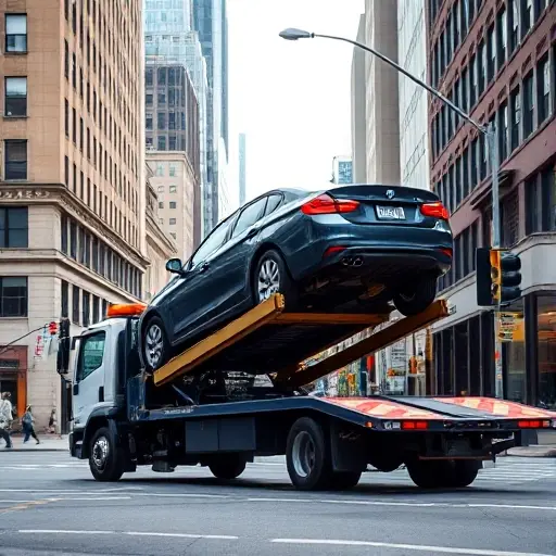 A tow truck lifting a car onto its platform on a city street, with the street name subtly indicated by building numbers, traffic lights, and surrounding urban scenery, showing the process of vehicle evacuation without any visible text, letters, or digits