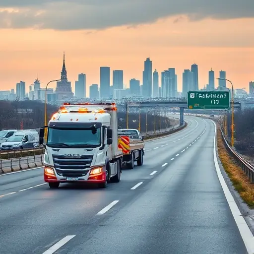 Эвакуатор Москва – Балашиха: Полное руководство A realistic scene of a tow truck (evacuator) driving on a highway connecting Moscow and Balashikha, with recognizable city skylines in the background, a clear road, and the tow truck prominently featured, no text or signage
