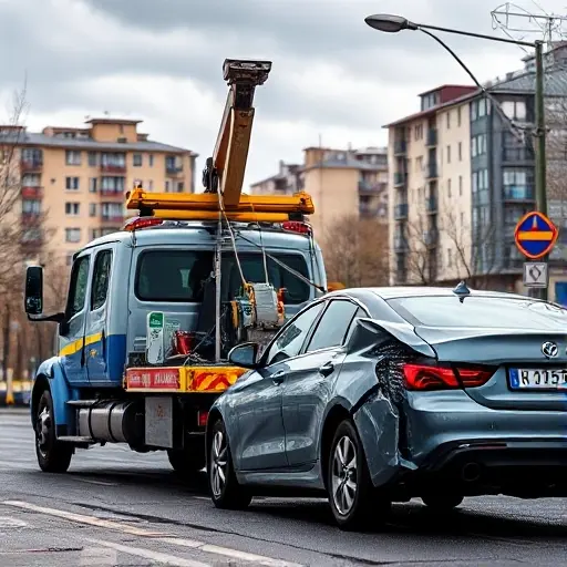 A realistic scene of a tow truck in Moscow's North-West district, parked beside a damaged car after an accident. The tow truck is equipped with a winch and a crane, and a mechanic is attaching the winch to the car. The background shows typical Moscow residential buildings, street signs blurred, and a cloudy sky. The focus is on the tow truck and the damaged vehicle, conveying a professional and affordable roadside assistance service.