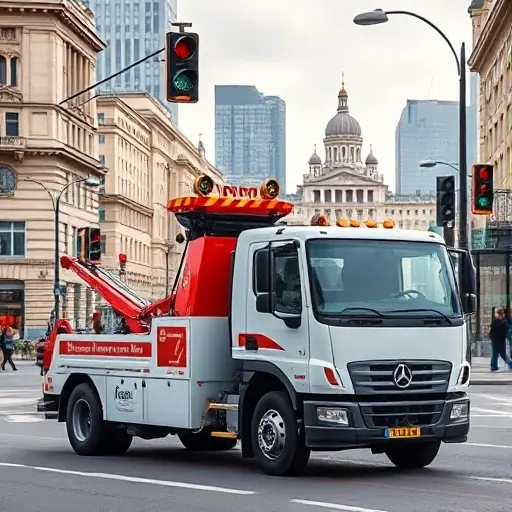 A modern tow truck parked on Moskovskaya Street in Moscow, with the city skyline in the background, traffic lights, and pedestrians walking by, all in a realistic style, no text or logos
