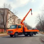 A realistic small-town scene in Khimki, Russia, featuring a bright orange tow truck parked on a quiet street lined with typical Soviet-era apartment buildings, a few leafless trees, and a clear sky. The tow truck is shown with its boom extended, ready to lift a small car, but no people are visible. The perspective is slightly angled to capture both the vehicle and the surrounding urban environment.