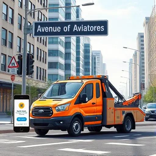 A realistic scene of a modern tow truck (evacuator) parked on a city street named "Avenue of Aviators", with a backdrop of urban buildings and a clear sky. The street signs are generic, and subtle hints of digital devices like a smartphone displaying a generic app interface are present, indicating online service ordering, without any visible text or logos. The composition is clean and detailed, suitable for a smallHQ style illustration.