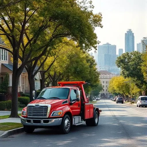 A realistic scene of a tow truck parked on a quiet residential street with trees and a city background, under a clear sky, showing the vehicle and surrounding environment without any visible text, letters, or numbers