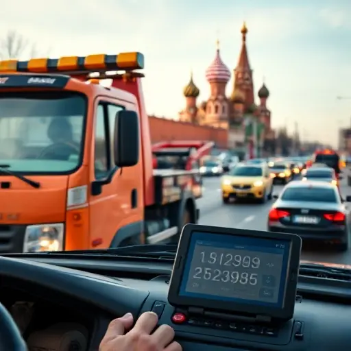 A realistic scene of a tow truck (evacuator) parked near a recognizable Moscow landmark such as the Kremlin or a typical Moscow street, with a digital tablet or calculator visible on the truck's dashboard showing numbers, suggesting cost calculation. The background shows city traffic and urban environment, with clear sky and subtle lighting, no text or signage visible.