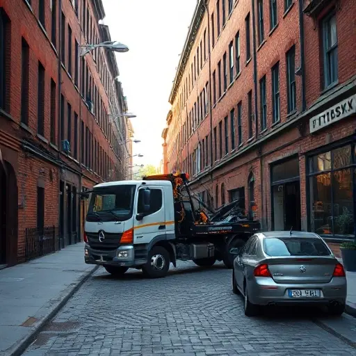 A realistic city street scene showing a modern tow truck parked on a narrow cobblestone alley named 1st Troitsky Lane, with the truck's hook lowered and a small damaged car positioned nearby, surrounded by historic brick buildings, street lamps, and a subtle hint of early evening light