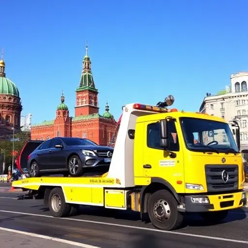 бесплатный эвакуатор москва A bright, friendly tow truck with a hook and winch, parked on a Moscow street near recognizable architecture such as the Kremlin dome and red brick buildings, assisting a small car that appears to be safely lifted onto the truck. The scene is daytime with clear sky, showing a helpful and reliable service without any text, logos, or signage.