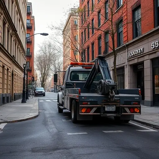 Эвакуатор в 2-м Волконском переулке: Полное руководство A realistic scene of a tow truck parked on a narrow urban street named Volkonsky Lane, with the building numbers subtly indicated by architectural details, no visible text or signage, showing the truck's hook and platform, surrounded by typical city pavement, streetlights, and trees, under a clear sky