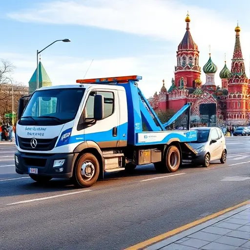 Яндекс Эвакуатор Москва: Дешево и Надежно A modern tow truck with blue and white colors pulling a small car on a city street, with recognizable Moscow landmarks such as the Kremlin dome in the background, under a clear sky, conveying affordability and reliability, no text or logos