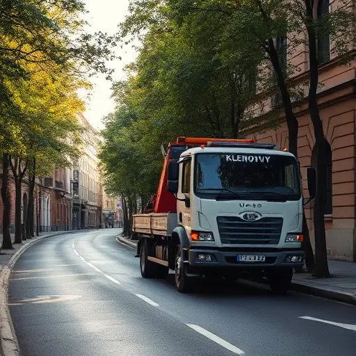 A realistic tow truck parked on a quiet urban street with trees, showing the entrance of a narrow lane named Klenoviy, with subtle street details but no visible signs, numbers, or text; the scene is bathed in soft daylight, emphasizing the vehicle and the surrounding architecture in a compact, high-quality composition