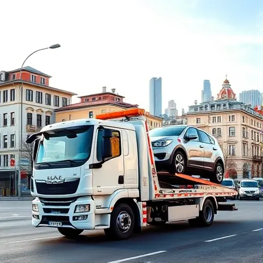 A realistic scene of a tow truck in Moscow's South-Eastern Administrative Okrug, parked on a city street near the viewer, loading a car onto its platform. The background shows typical Moscow buildings and a hint of the city skyline under a clear sky. The tow truck is modern and bright, with the car fully on the truck's platform, emphasizing a full load and affordable service.