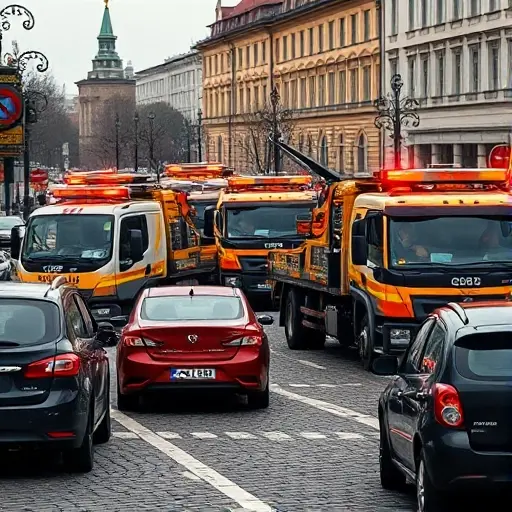 A realistic scene of several tow trucks (evacuators) from Moscow's GIBDD parked on a busy city street, blocking traffic lanes and causing congestion. The trucks are modern, with reflective safety vests and flashing lights, positioned on a cobblestone road with typical Moscow architecture in the background. Cars are stopped or slowed, with frustrated drivers visible. The atmosphere is urban and slightly chaotic, capturing the sense of interference in traffic flow.