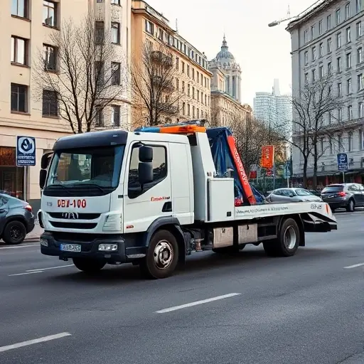 A modern tow truck parked on a Moscow street in the Timiryazevsky district, with a clear view of the city skyline and subtle hints of affordability through a friendly, approachable design. No people, no text, no other vehicles, no signage.
