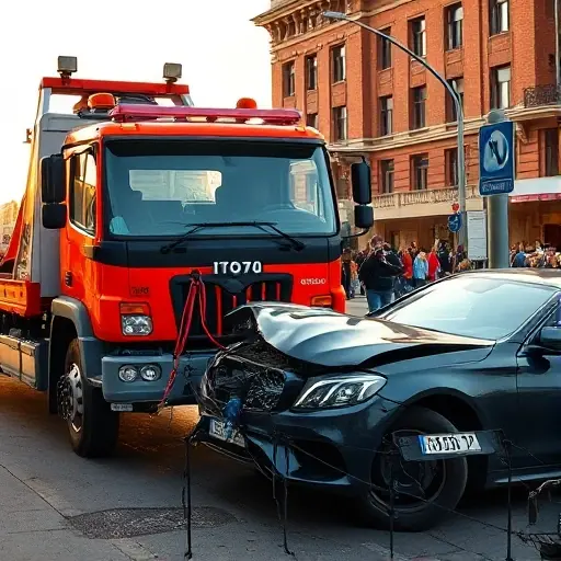 A tow truck parked on Bolshaya Kalitnikovskaya Street with a broken car in front of it. The scene shows the tow truck’s front with a hydraulic winch, the broken car’s front bumper partially exposed, a city street with brick buildings, a traffic sign, and a small crowd of onlookers in the background. The lighting is late afternoon with warm tones.