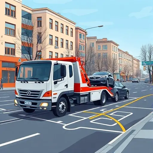 A realistic illustration of a tow truck parked on Angarskaya Street, towing a car on a tow bar, set against a city street backdrop with buildings, with a subtle GPS map overlay indicating precise location, all depicted without any text or lettering.