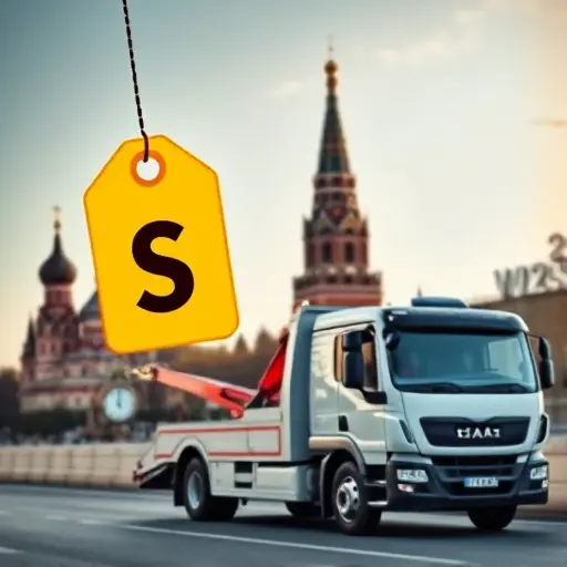 A modern tow truck parked near a recognizable Moscow landmark such as the Kremlin or Red Square, with a bright, stylized price tag icon floating beside it to suggest affordability. In the background, a large digital clock and a calendar overlay subtly indicate the time of day and day of the week, all rendered without any textual elements, letters, or numbers. The scene should convey a sense of urgency and service reliability, with clear, crisp lighting and a slightly cinematic composition.