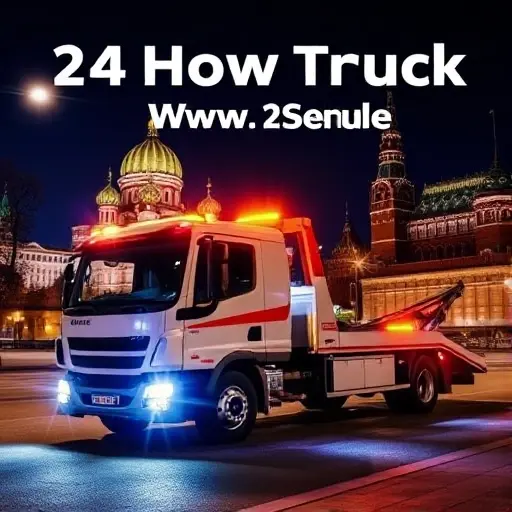 эвакуатор москва 24 часа A 24-hour tow truck service in Moscow, showing a modern tow truck with flashing lights parked near a recognizable Moscow landmark such as the Kremlin or a city street with typical Russian architecture, under a night sky with subtle city lights, conveying reliability and round-the-clock assistance.