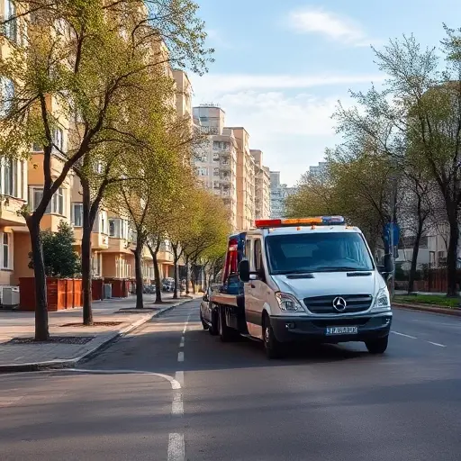 A reliable tow truck working on a typical Eastern Moscow residential street, with mid‑rise apartment buildings, tree‑lined sidewalks, and a calm atmosphere, showing the vehicle assisting a parked car under a clear sky, depicted in a realistic smallHQ style