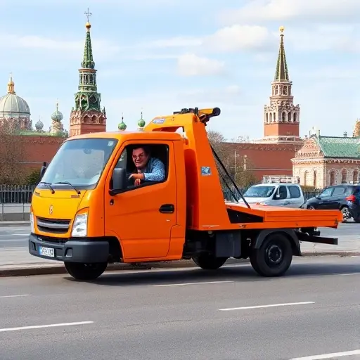 эвакуатор в москве недорого цена A compact orange tow truck parked on a Moscow street near a recognizable landmark, with the city skyline in the background and a friendly driver opening the truck's rear, conveying an affordable towing service, without any visible text or signage.