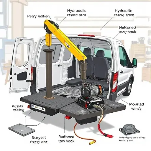 A detailed illustration of a standard van being transformed into a tow truck, showing the installation of a hydraulic crane arm, a sturdy tow hook, reinforced chassis, and a mounted winch. The scene includes mechanical tools, metal plates, and wiring, emphasizing the conversion process without any people or branding. The background is a workshop with a clean, organized environment.