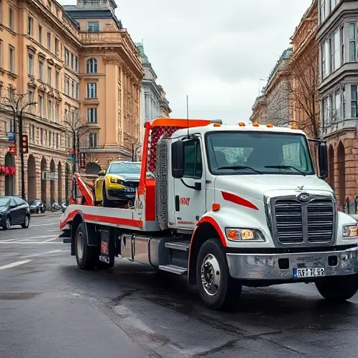 A realistic depiction of a tow truck parked on a Moscow street, with a visible distance gauge or meter indicating towing distance, no other vehicles or people in the scene, no text or lettering, in a detailed, high-quality style