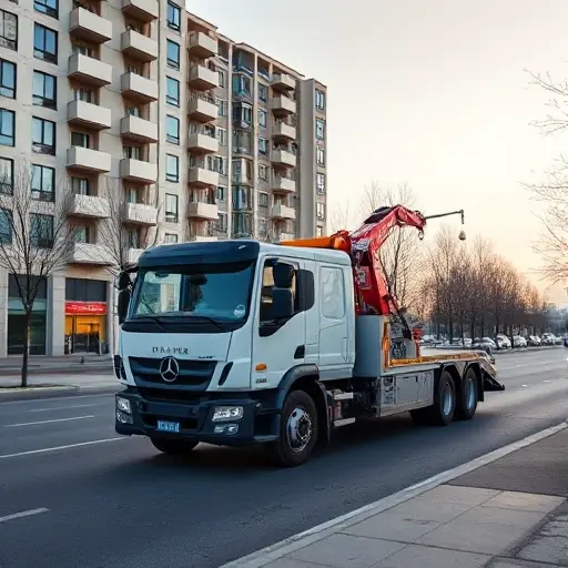 A modern tow truck with a crane and hook parked on a clean, well-lit street in New Moscow, with contemporary apartment buildings and a hint of the Moscow River in the background, under a clear sky. The scene should convey professional vehicle recovery services without any text, logos, or people.