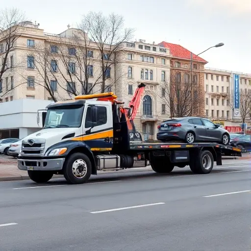 A tow truck parked on a Khovrino street, pulling a car, with a cityscape background, no text or signage, no people, no other vehicles