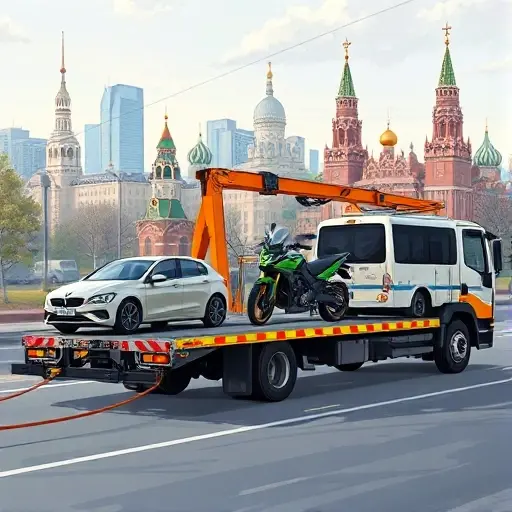 A detailed illustration of a specialized evacuation tow truck operating in Moscow, with the iconic city skyline and recognizable landmarks in the background. The scene shows the tow truck handling different types of vehicles: a compact car, a motorcycle, and a small bus, each attached to the tow equipment. The atmosphere is realistic yet slightly stylized, focusing on the machinery and urban environment without any text or signage.