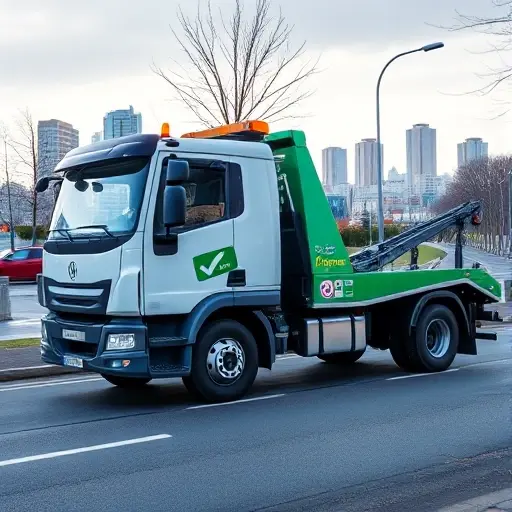 A modern tow truck parked on a city street in Alexandrov, featuring a visible green checkmark badge on its side to indicate licensing, a small permit stamp symbol, and a background of the city skyline without any text or lettering.