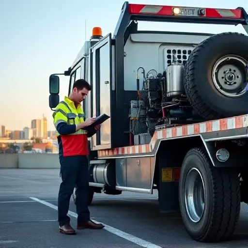 A person in a work uniform stands beside a tow truck in a parking lot, inspecting its mechanical parts with a clipboard and a flashlight. The truck shows visible metal panels, a hydraulic system, and a spare tire. In the background, a subtle hint of Moscow's skyline can be seen, with a few recognizable buildings and a clear sky. The scene conveys a careful inspection before purchase, with no text or logos visible.